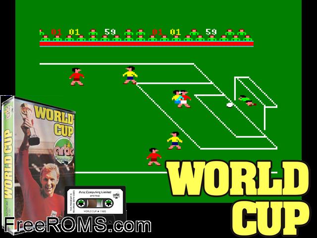 World Cup (UK) (1985) [a1] Amstrad CPC game showing 3D box cover and gameplay screenshot